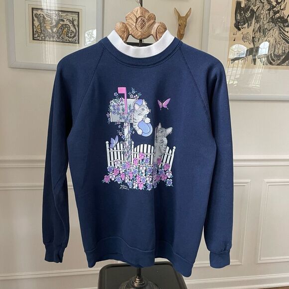 Vintage 80s 90s Cat Butterfly Layered Look Sweatshirt L - Picture 3 of 7